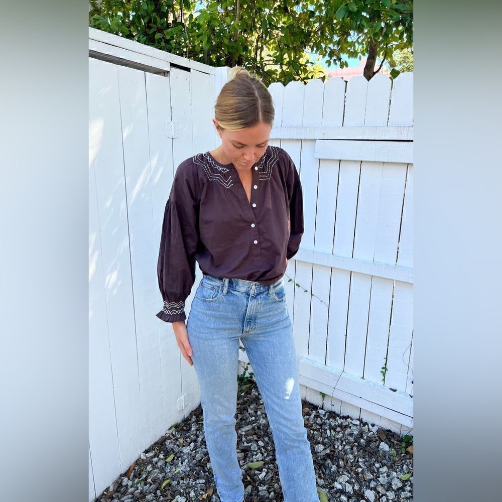 Madison Mathews REMY SMOCKED SHIRT BROWN